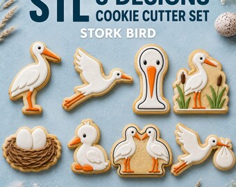 Stork Cookie Cutter STL Set, 8 Baby Shower Bird Cutter and Stamp Designs