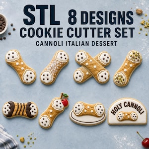May include: A set of 8 cookie cutters for making cannoli-shaped treats, featuring various designs like plain, powdered, cherry-topped, and one with the text "HOLY CANNOLI". The digital file set is labeled "STL 8 DESIGNS COOKIE CUTTER SET".