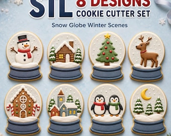 Snow Globe Cookie Cutter STL Set, 8 Christmas Winter Cutter and Stamp Designs