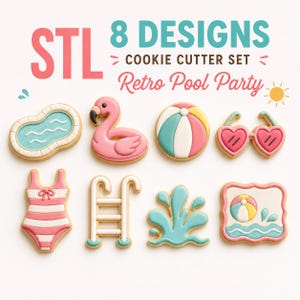 May include: A set of 8 cookie cutters featuring a Retro Pool Party theme, including shapes of a swimming pool, flamingo, beach ball, heart sunglasses, swimsuit, pool ladder, water splash, and a square plaque with a beach ball and waves.