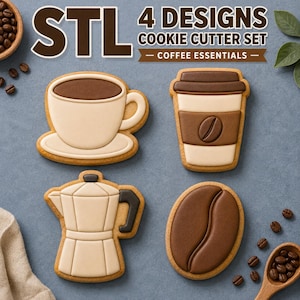 May include: A set of four coffee-themed cookie cutters in STL format, featuring designs of a coffee cup with saucer, a travel mug with a coffee bean icon, a moka pot, and a single coffee bean. The text reads STL 4 DESIGNS COOKIE CUTTER SET COFFEE ESSENTIALS.