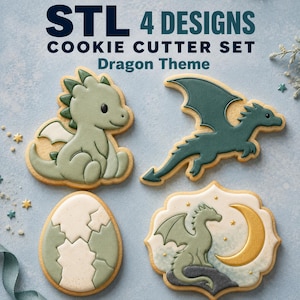 Könnte beinhalten: Ein Set aus vier Ausstechformen mit Drachenmotiven, darunter ein sitzender Drache, ein fliegender Drache, ein zerbrochenes Ei und ein Drache mit einer Mondsichel. Der Text lautet STL 4 DESIGNS COOKIE CUTTER SET Dragon Theme in Dunkelblau.