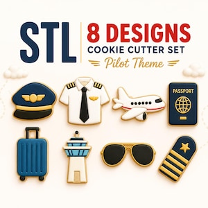 Puede incluir: Un juego de 8 cortadores de galletas STL con temática de piloto, que incluye formas de gorra de piloto, camisa con corbata, avión, pasaporte, maleta, torre de control, gafas de sol y charreteras. El texto dice STL 8 DESIGNS COOKIE CUTTER SET Pilot Theme.