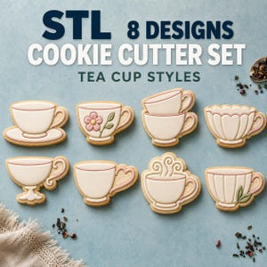 May include: A set of eight tea cup shaped cookie cutters, presented as STL files. The image displays eight distinct tea cup designs, each outlined in pink, with some featuring floral accents or steam, arranged in two rows against a blue background.