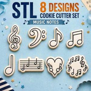 Può includere: Un set di 8 tagliabiscotti a forma di note musicali, tra cui chiave di violino, chiave di basso, varie note, un pentagramma, un cuore con note e un design circolare. Il testo "STL 8 DESIGNS COOKIE CUTTER SET MUSIC NOTES" è visualizzato sopra.