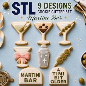 Może przedstawiać: Zestaw 9 foremek do ciastek z motywem baru martini, zawierający kieliszki do martini z oliwkami lub ziarnami kawy, shaker do koktajli, kieliszek z kokardą, szpadkę z oliwkami oraz tabliczki z napisem Martini Bar i A Tini Bit Older.