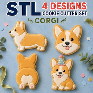 Puede incluir: Un juego de cuatro cortadores de galletas con forma de Corgi, presentados como archivos STL. Los diseños incluyen un Corgi de perfil, una cara de Corgi, la parte trasera de un Corgi y un Corgi con gorro de fiesta. Texto: STL 4 DESIGNS COOKIE CUTTER SET CORGI.