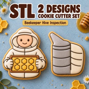 Può includere: Due stampini per biscotti a forma di apicoltore in tuta bianca che regge un telaio da arnia e un affumicatore per api. Il testo recita STL 2 DESIGNS COOKIE CUTTER SET Beekeeper Hive Inspection. Le forme sono raffigurate come biscotti decorati.