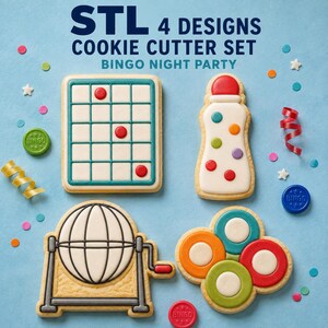 Puede incluir: Un juego de cuatro cortadores de galletas con diseños de fiesta de Bingo, que incluye una tarjeta de Bingo, un marcador, un bombo y un grupo de fichas. El texto STL 4 DESIGNS COOKIE CUTTER SET BINGO NIGHT PARTY aparece arriba.