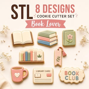 本好きのためのクッキー型STLセット、ブッククラブと図書館をテーマにした8種類のデザイン