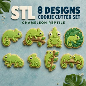 Chameleon Cookie Cutter STL Set, 8 Reptile Cutter and Stamp Designs