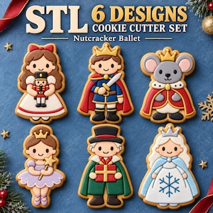 Op de afbeelding: Een set van zes koekjesvormpjes met het thema Notenkraker Ballet, met ontwerpen van een meisje met een pop, een prins met een zwaard, een muizenkoning, een fee met een toverstaf, een figuur met een cadeau en een sneeuwvlokkoningin, STL 6 DESIGNS.
