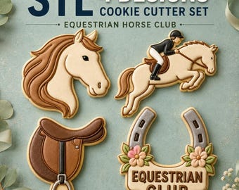 May include: A set of four cookie cutters featuring equestrian themes: a horse head, a rider on a jumping horse, a saddle with a stirrup, and a horseshoe with flowers and the text EQUESTRIAN CLUB. The text STL 4 DESIGNS COOKIE CUTTER SET is visible.