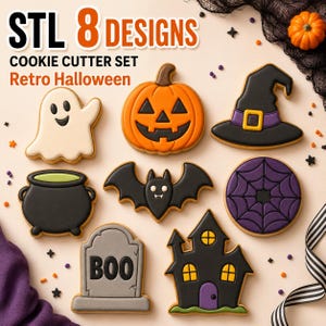 Puede incluir: Un juego de 8 cortadores de galletas STL con diseños retro de Halloween que incluyen un fantasma blanco, una calabaza naranja, un sombrero de bruja negro, un caldero verde, un murciélago negro, una telaraña morada, una lápida gris con el texto BOO y una casa encantada negra.
