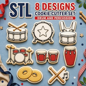 Könnte beinhalten: Ein Set aus 8 Ausstechformen mit Trommel- und Schlagzeugmotiven, darunter eine Snare-Drum mit Sticks, eine Bass-Drum mit Stern, eine Marschtrommel, ein Schlagzeug-Set, Bongos, ein Conga, Becken sowie Trommelstöcke mit einer Musiknote.