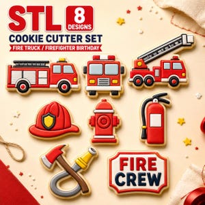May include: A set of 8 cookie cutters featuring fire truck and firefighter themes. The designs include a side-view fire truck, a front-view fire truck, a ladder truck, a helmet, a fire hydrant, a fire extinguisher, an axe with a hose, and a sign reading FIRE CREW.