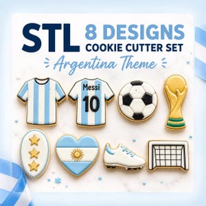 Könnte beinhalten: Ein Set aus 8 Ausstechformen zum Thema Argentinien, bestehend aus zwei Trikots, eines davon mit 'Messi 10', einem Fußball, einem Pokal, einem Oval mit drei Sternen, einem Herz mit Sonne, einem Fußballschuh und einem Tor, beschriftet 'STL 8 DESIGNS'.