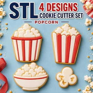 Puede incluir: Un juego de cuatro cortadores de galletas con temática de palomitas de maíz en formato STL. Los diseños incluyen dos variantes de cubos de palomitas con rayas rojas y blancas, un bol lleno de palomitas y una pieza individual, con glaseado blanco.