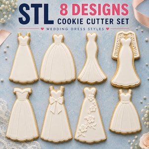 Puede incluir: Un juego de ocho cortadores de galletas con formas de vestidos de novia, presentados como galletas cubiertas de glaseado blanco. El texto dice STL 8 DESIGNS COOKIE CUTTER SET WEDDING DRESS STYLES. Incluye siluetas tipo línea A, princesa y sirena.