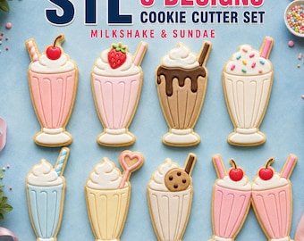 Milkshake Cookie Cutter STL Set, 8 Retro Diner Cutter and Stamp Designs