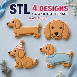May include: A set of four tan dachshund-shaped cookies with brown icing details. One is a full-body dog, one is a dog head, one is a dog wearing a pink and white striped party hat, and one is a dog wearing a light blue sweater. Text reads STL 4 DESIGNS COOKIE CUTTER SET DACHSHUND.