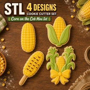 May include: Four corn-themed cookie designs featuring yellow kernels and green husks. The set includes a plain corn cob, a corn cob with husks, a corn cob on a stick, and a corn cob decorated with green leaves and a yellow bow, labeled STL 4 DESIGNS.