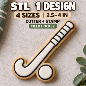 May include: A field hockey stick and ball cookie cutter and stamp set. The text reads STL 1 DESIGN, 4 SIZES | 2.5-4 IN, CUTTER + STAMP, FIELD HOCKEY. The cookie is light brown with white icing and black outlines in the shape of a hockey stick and ball.