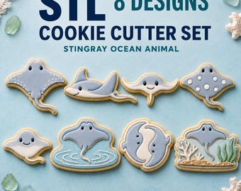 Stingray Cookie Cutter STL Set, 8 Ocean Animal Cutter and Stamp Designs