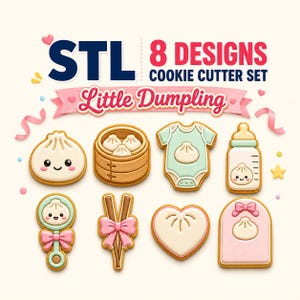 Könnte beinhalten: Ein Set aus 8 STL-Ausstechformen mit dem Titel Little Dumpling, bestehend aus Formen eines lächelnden Dumplings, Bambusdämpfers, Babybodys, Babyfläschchens, Rassels, Essstäbchens mit Schleife, Herzens und Lätzchens, alle mit Pastellakzenten.
