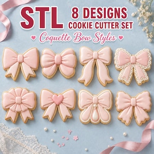 Peut inclure: Un ensemble de 8 modèles de découpoirs à biscuits STL représentant diverses formes de nœuds, intitulé Coquette Bow Styles. L'image présente huit biscuits en forme de nœud rose clair avec des détails de glaçage blanc, incluant des motifs de dentelle.