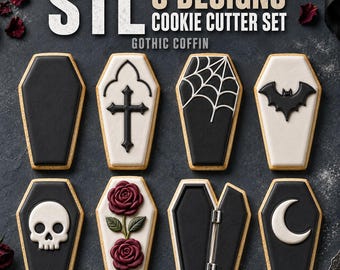 Coffin Cookie Cutter STL Set, 8 Gothic Halloween Cutter and Stamp Designs, 3D Print Files