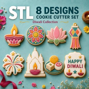 Puede incluir: Un juego de 8 cortadores de galletas con diseños temáticos de Diwali que incluyen una diya, mandala, loto, linterna, fuegos artificiales, templo, dulces y una placa con el texto HAPPY DIWALI. Etiquetado como STL 8 DESIGNS COOKIE CUTTER SET.