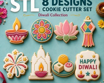 Diwali Cookie Cutter STL Set, 8 Festival of Lights Cutter and Stamp Designs