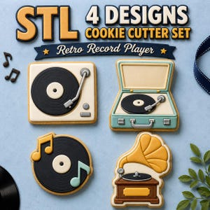 May include: A set of four cookie cutters featuring retro record player designs. The set includes a square turntable, a portable suitcase record player, a vinyl record with musical notes, and a vintage gramophone with a large yellow horn.