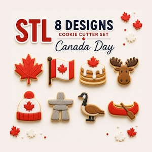 May include: A digital file set for 8 Canada Day cookie cutters featuring designs of a maple leaf, a Canadian flag, a stack of pancakes, a moose head, a winter hat, an inukshuk, a Canada goose, and a canoe with a paddle, labeled STL 8 DESIGNS.