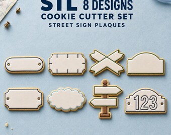 Street Sign Cookie Cutter STL Set, 8 Road Name and Plaque Cutter Stamp Designs, Digital Download