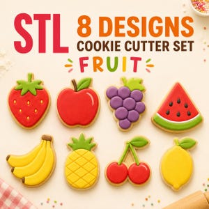 Pode incluir: Um conjunto de arquivos digitais contendo 8 designs STL para cortadores de biscoitos em formato de fruta. A imagem exibe biscoitos decorados nos formatos de morango, maçã, uvas, fatia de melancia, bananas, abacaxi, cerejas e um limão.