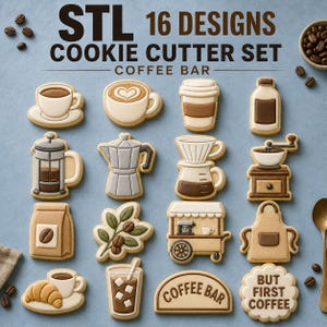 May include: A set of 16 cookie cutters featuring coffee-themed designs including cups, a French press, a moka pot, a coffee bag, a coffee cart, and an apron. The text "STL 16 DESIGNS COOKIE CUTTER SET COFFEE BAR" and "BUT FIRST COFFEE" are visible.