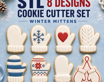 Mitten Cookie Cutter STL Set, 8 Winter Knit Cutter and Stamp Designs