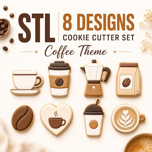 Peut inclure: Un ensemble de 8 emporte-pièces sur le thème du café au format STL, comprenant des formes de tasse, gobelet, cafetière italienne, sachet de café, grain de café, cœur, gobelet froid et latte art, avec le texte STL 8 DESIGNS COOKIE CUTTER SET Coffee Theme.