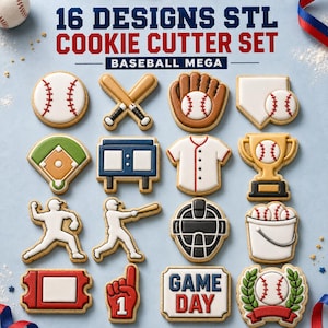 Puede incluir: Una colección digital de 16 diseños de cortadores de galletas con temática de béisbol etiquetada 16 DESIGNS STL COOKIE CUTTER SET BASEBALL MEGA. El set incluye formas de pelotas, bates, guantes, bases, camisetas, trofeos y entradas.