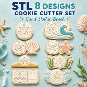 May include: A set of eight cookie cutters featuring sand dollar and beach-themed designs. The text reads STL 8 DESIGNS COOKIE CUTTER SET Sand Dollar Beach. The cutters are off-white with accents in light blue, pink, tan, and green colours.