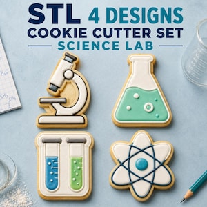 May include: A set of four science lab themed cookies featuring a microscope, an Erlenmeyer flask with green icing, two test tubes with blue and green liquids, and an atom symbol. The text reads STL 4 DESIGNS COOKIE CUTTER SET SCIENCE LAB.