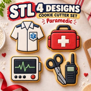 Paramedic Cookie Cutter STL Set, 4 Emergency Medical Cutter and Stamp Designs, Digital Download