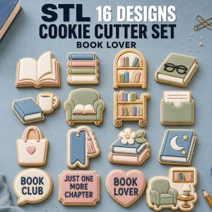 Puede incluir: Un juego de 16 cortadores de galletas con diseños de libros, que incluyen libros abiertos, pilas de libros, estanterías, sillones de lectura, una taza, una bolsa, un marcapáginas y placas con los textos BOOK CLUB, JUST ONE MORE CHAPTER, BOOK LOVER.