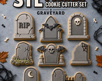 Tombstone Cookie Cutter STL Set, 8 Graveyard Halloween Cutter and Stamp Designs