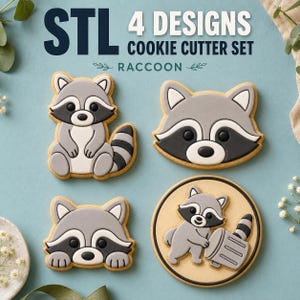 Puede incluir: Un juego de cuatro cortadores de galletas con temática de mapache, presentados como archivos STL. Los diseños incluyen un mapache sentado, una cara de mapache, un mapache asomándose y un mapache junto a un cubo de basura, en gris, negro y blanco.