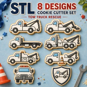 Puede incluir: Un juego de 8 cortadores de galletas con diseños de grúas de rescate, un cono de tráfico y un emblema de escudo. El texto STL 8 DESIGNS COOKIE CUTTER SET TOW TRUCK RESCUE está impreso en la parte superior de la imagen.