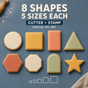 Könnte beinhalten: Ein digitales STL-Set mit 8 Formen in jeweils 5 Größen für Ausstecher und Stempel. Das Bild zeigt einen Kreis, ein Quadrat, ein Rechteck, ein Dreieck, ein Sechseck, ein Achteck, einen Bogen und einen Stern in gedeckten Farben auf Blau.