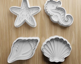 Paquete de 4 cortadores de galletas con temática oceánica (archivos STL) / Set de estrellas de mar, caballitos de mar y conchas marinas / Descarga instantánea